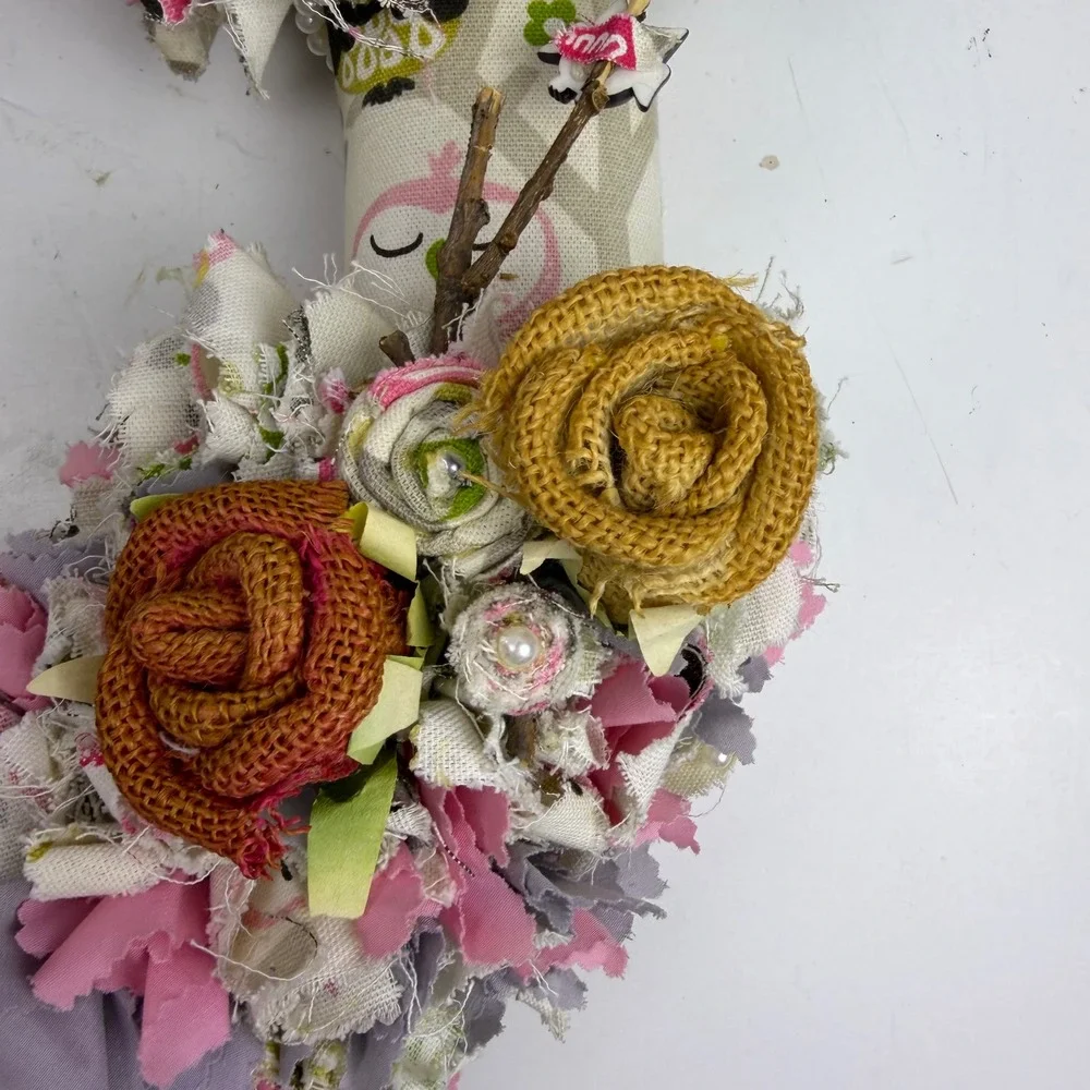 Handmade Shabby Chic Owl Rag Wreath Pink Grey Burlap Roses Nursery Decor 12